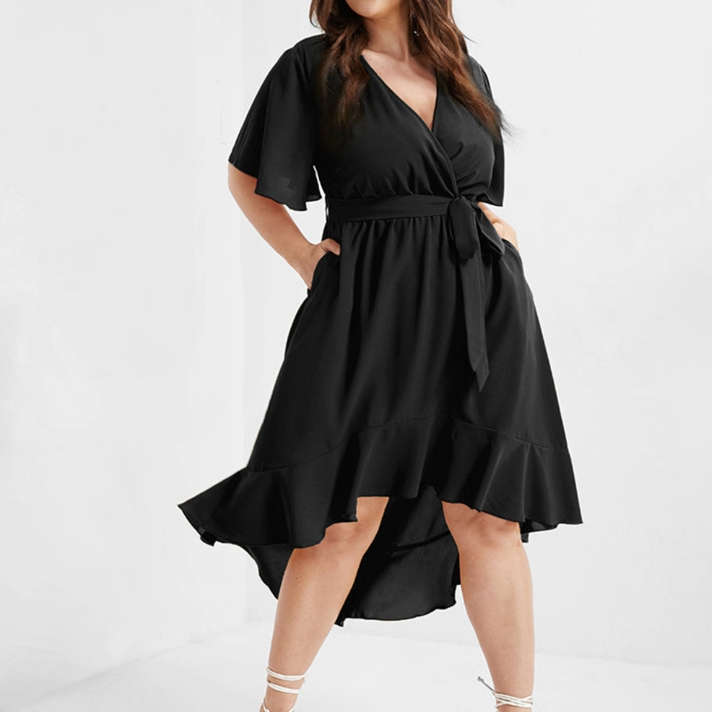 Bloom Solid Tie Surplice Ruffle High Low Dress Black Size 14